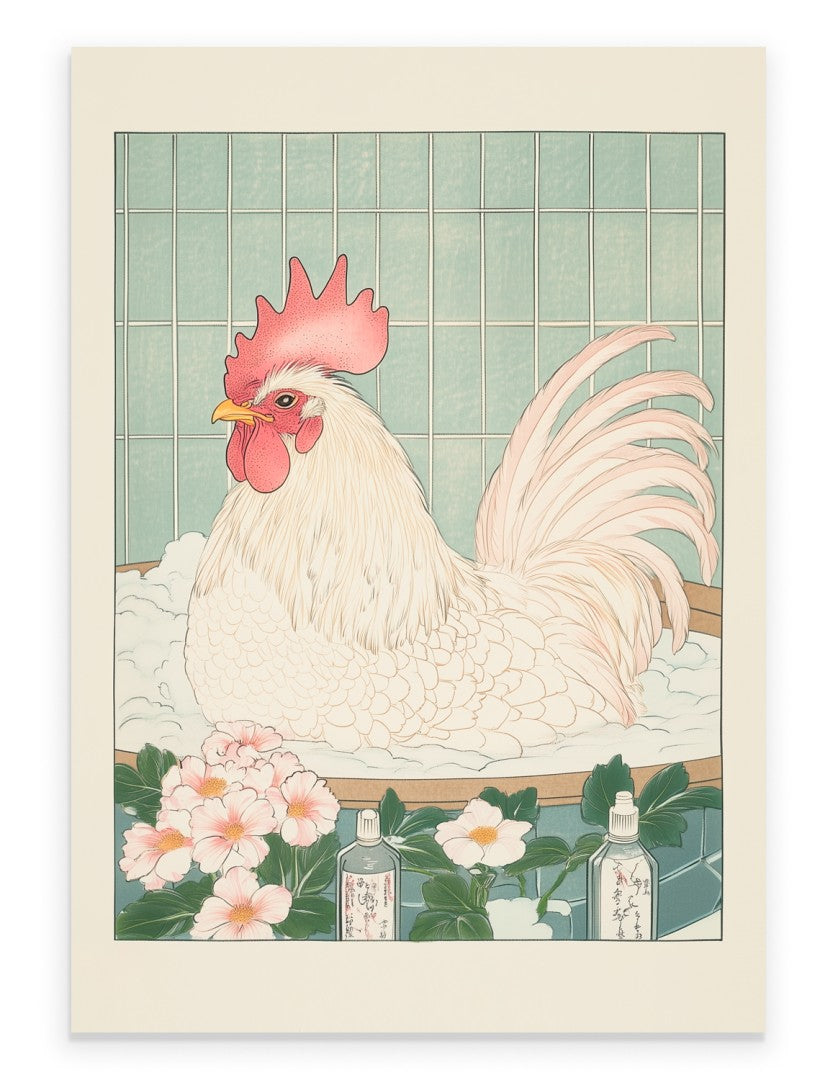 Rooster soaking in a floral Japanese bath with steam and pastel blooms