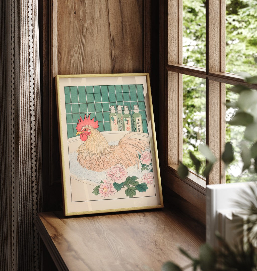 Framed bathroom print of a rooster in a rustic-style Japanese flower bath