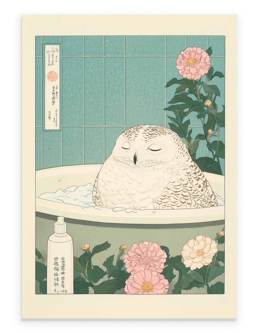 Art print of a snowy owl relaxing in a Japanese-style bathtub