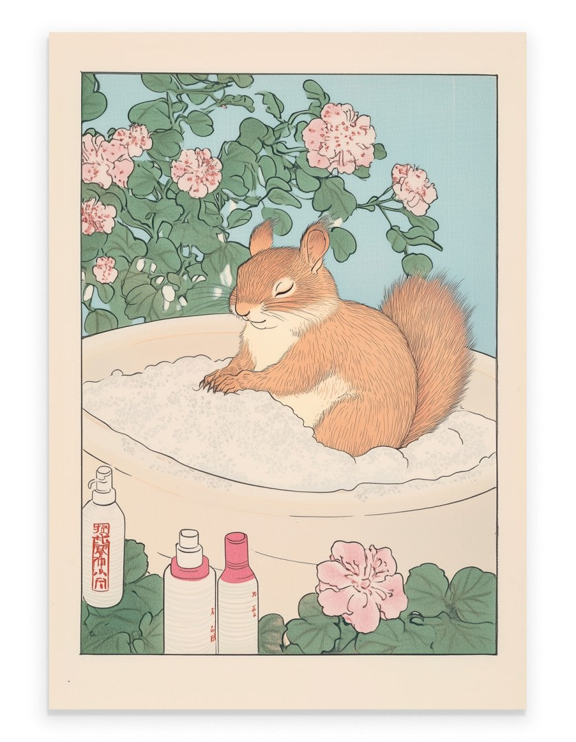 Art print of a squirrel soaking in a bath with floral surroundings