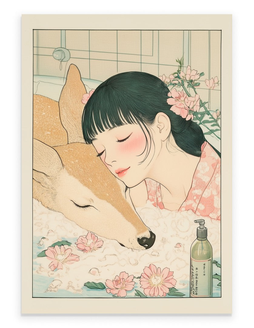 Art print of girl and deer napping in a floral bath