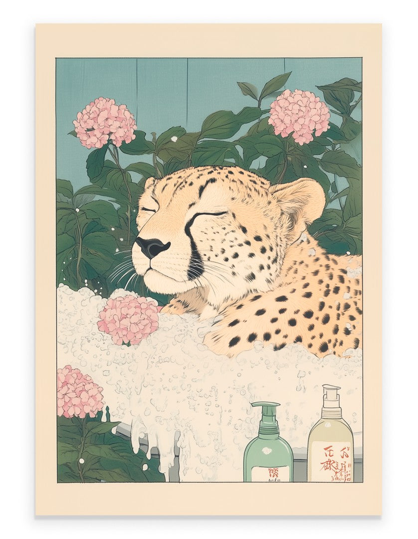 Art print of a cheetah relaxing in a garden bath with hydrangeas and steam