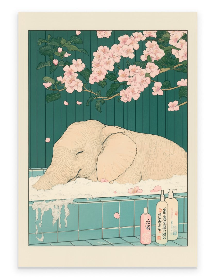 Art print of a peaceful elephant soaking in a bath with cherry blossoms