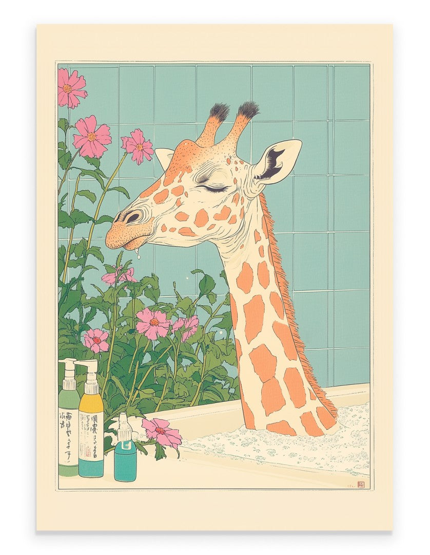 Art print of a giraffe soaking peacefully in a bath surrounded by flowers