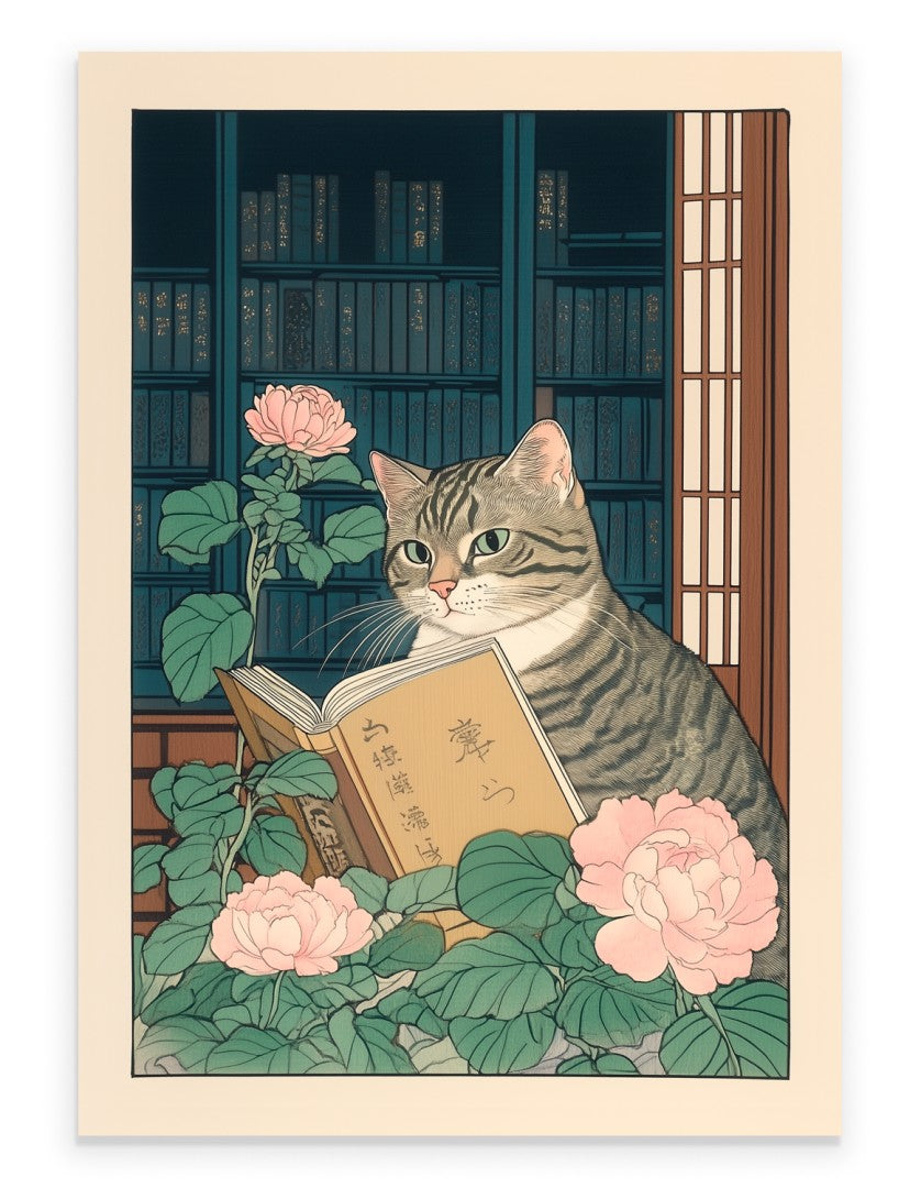 Japanese-style art print of a tabby cat reading a book in front of a bookshelf with flowers