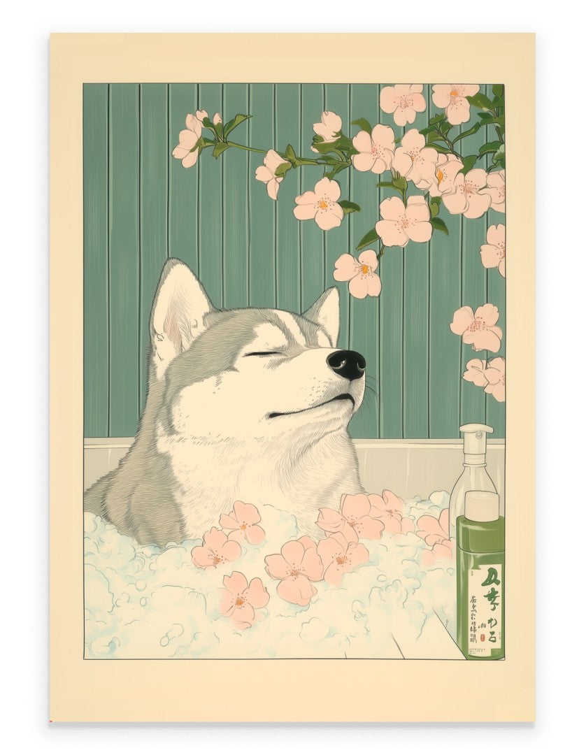 Husky dog relaxing in a foamy Japanese bath with pink blossoms and wood panel walls