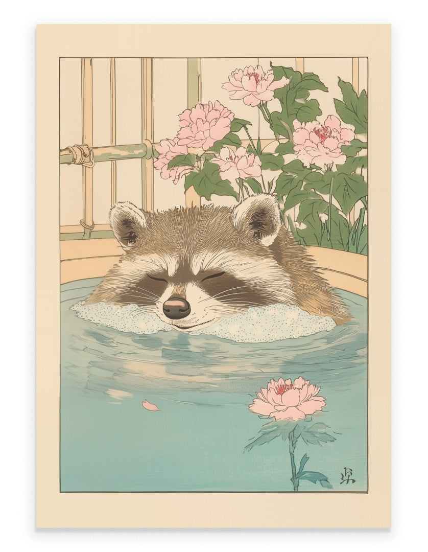Japanese-style art print of a raccoon peacefully floating in a floral bath with bubbles and soft pink flowers