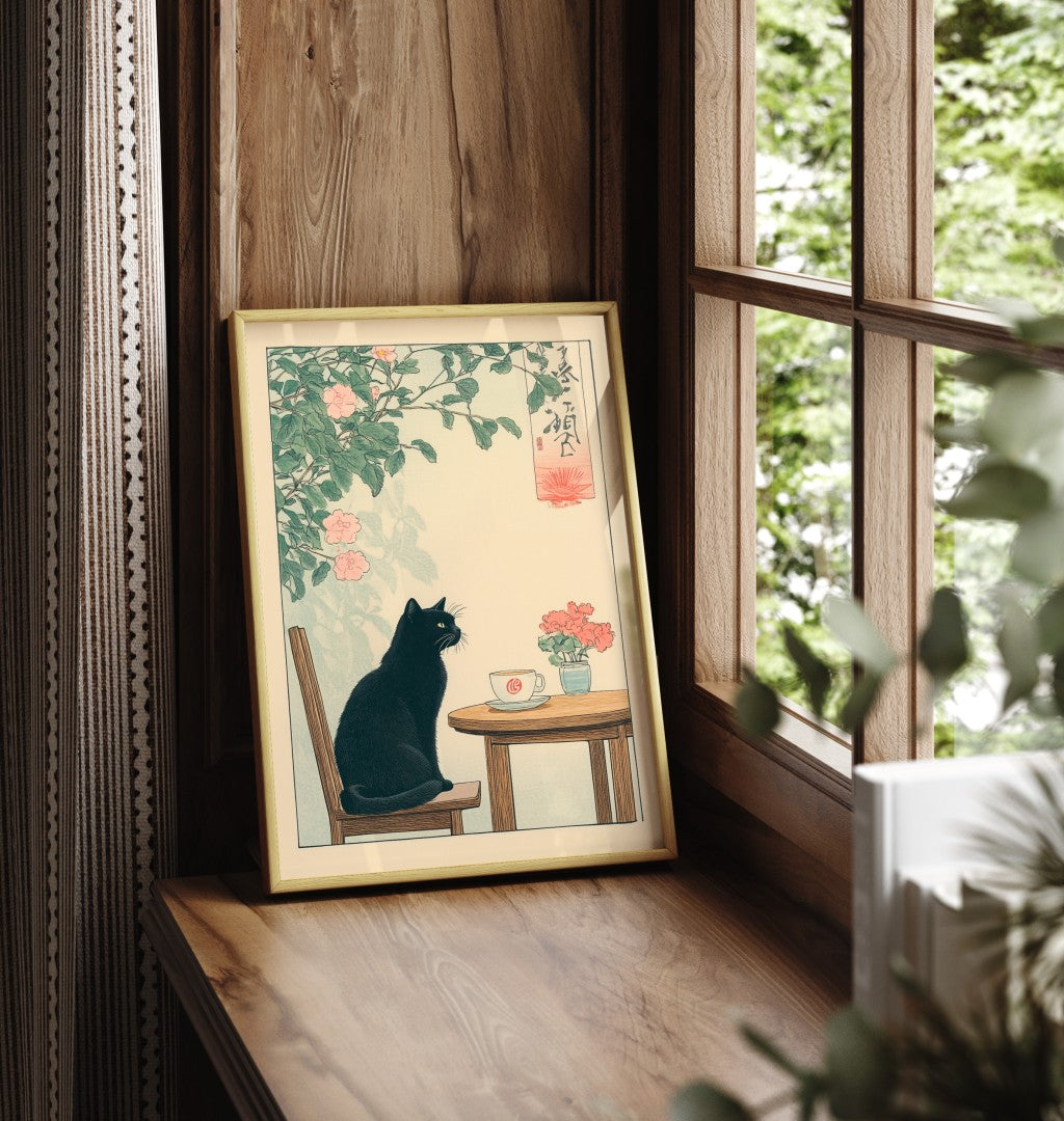 Framed artwork of a black cat at a café table under flowering vines