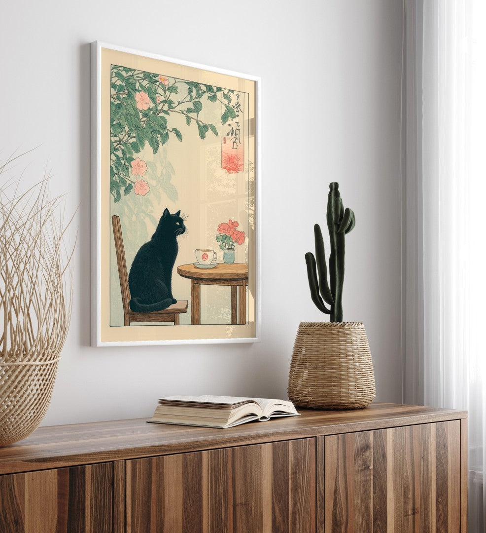 Peaceful black cat illustration with coffee cup and soft floral background
