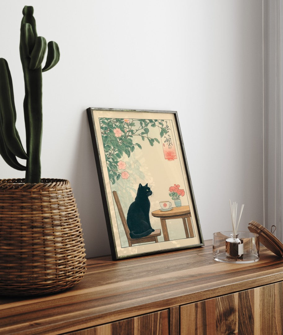 Elegant art print of a seated black cat at a table with pink flowers and a teacup