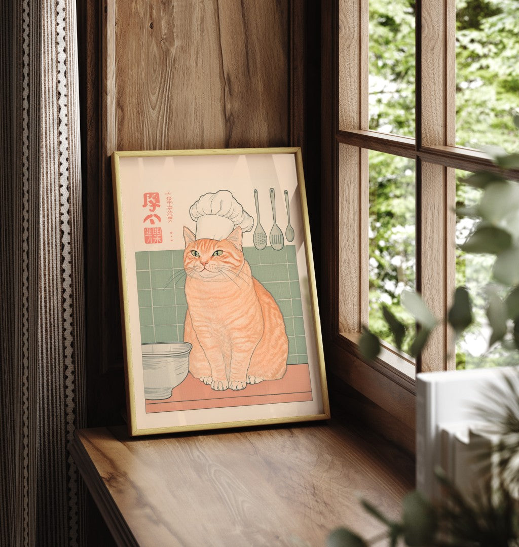 Whiskered chef cat in Japanese-style kitchen print