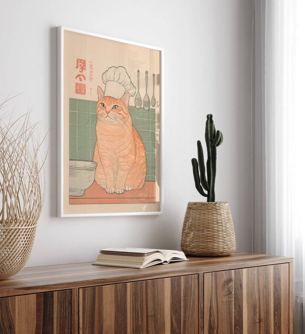 Funny kitchen art with cat and cooking utensils