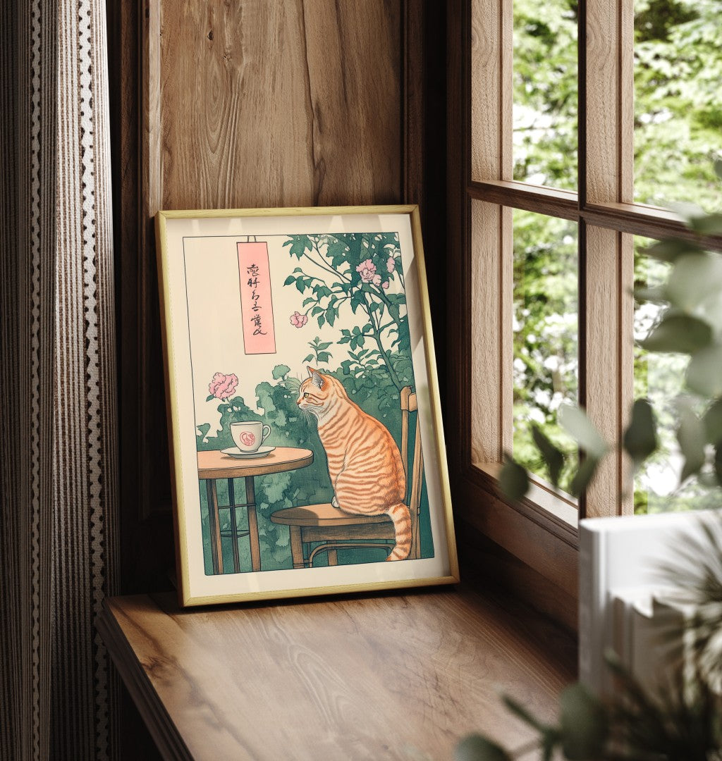 Japanese-style illustration of a striped cat relaxing at a garden café table