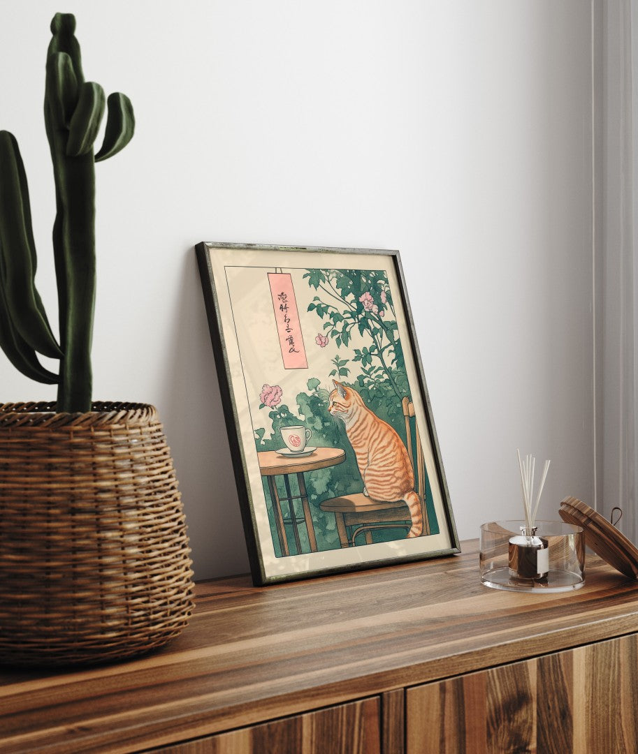 Calm scene of a cat enjoying tea surrounded by plants and soft colors