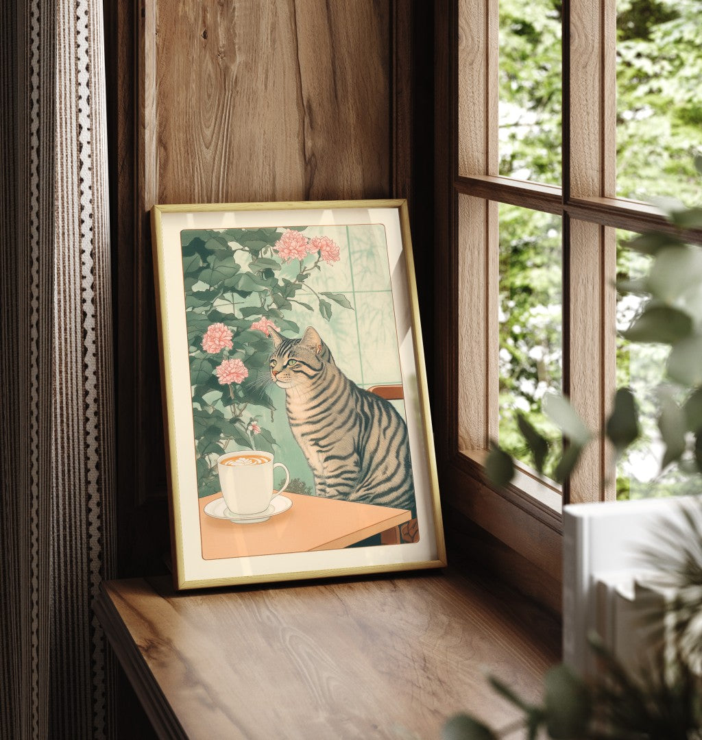 Framed print of a striped cat sitting at a table next to a latte and pink flowers