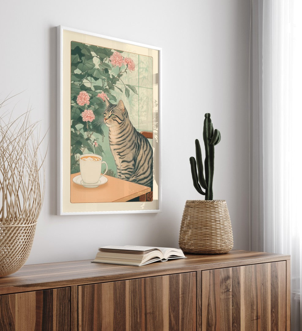 Cozy cat café scene with a gray tabby and floral background