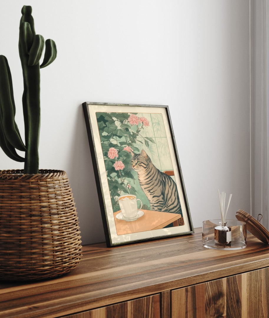 Art print of a calm tabby cat and latte, set in a warm leafy corner