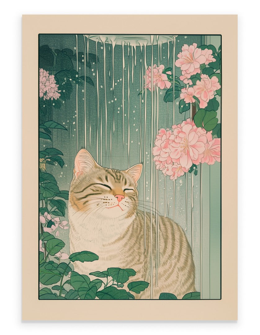 Tabby cat enjoying a warm shower with flowers in background