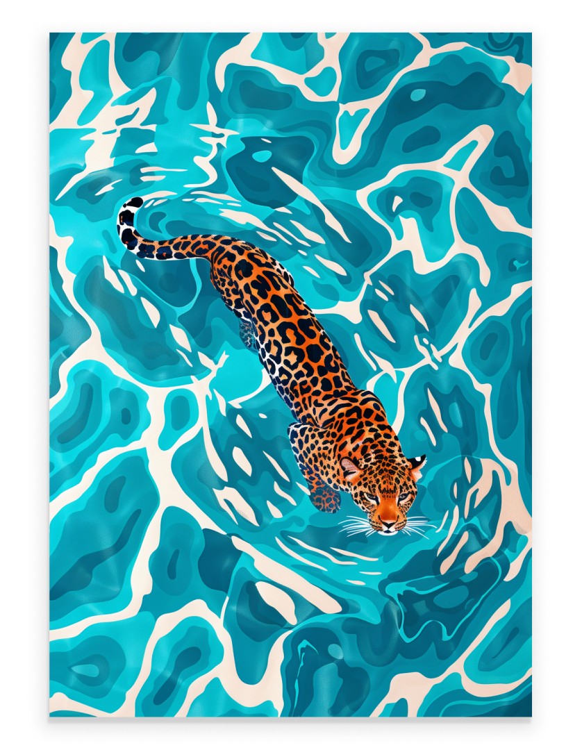 Jaguar swimming in turquoise water bold wildlife art print