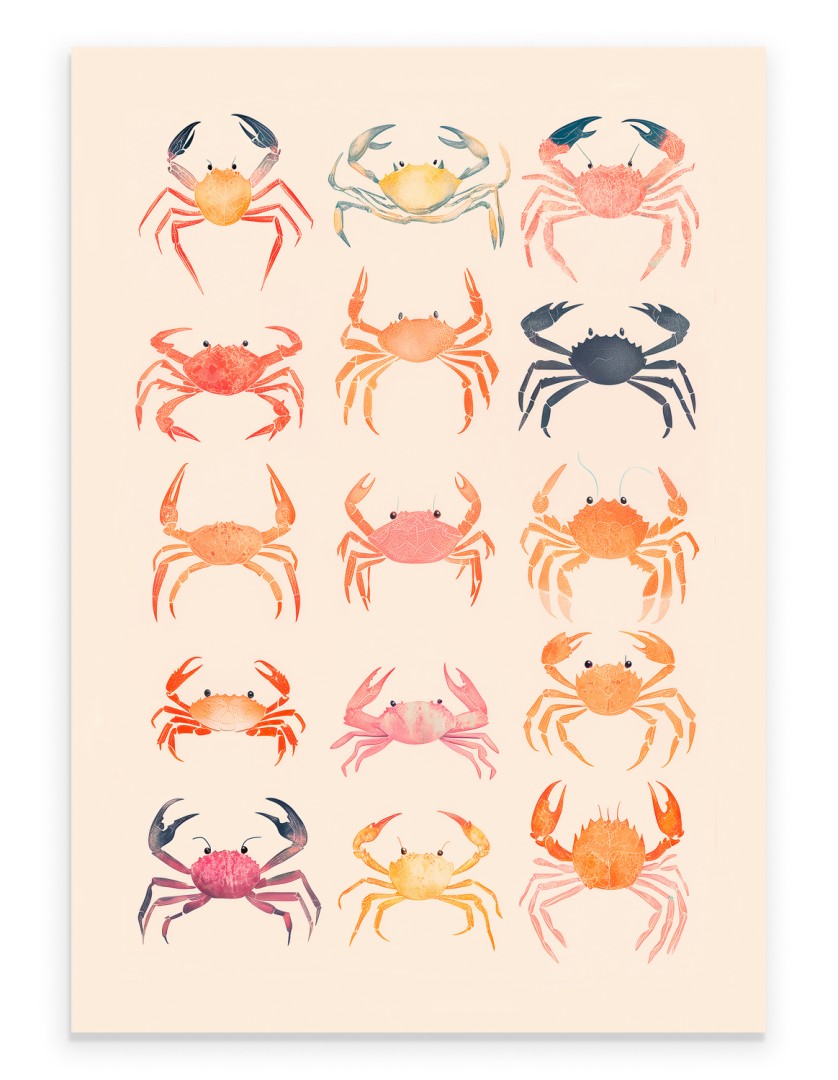 Watercolor illustration of colorful crabs coastal marine art print