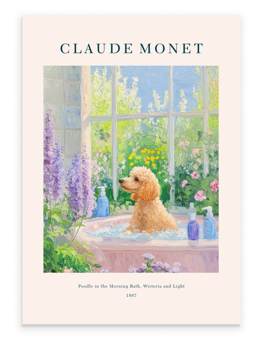 Poodle in floral bathtub, impressionist bathroom art print