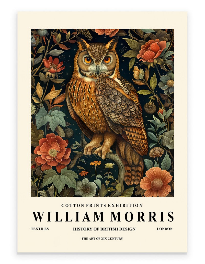Horned owl art print with botanical background in William Morris inspired style