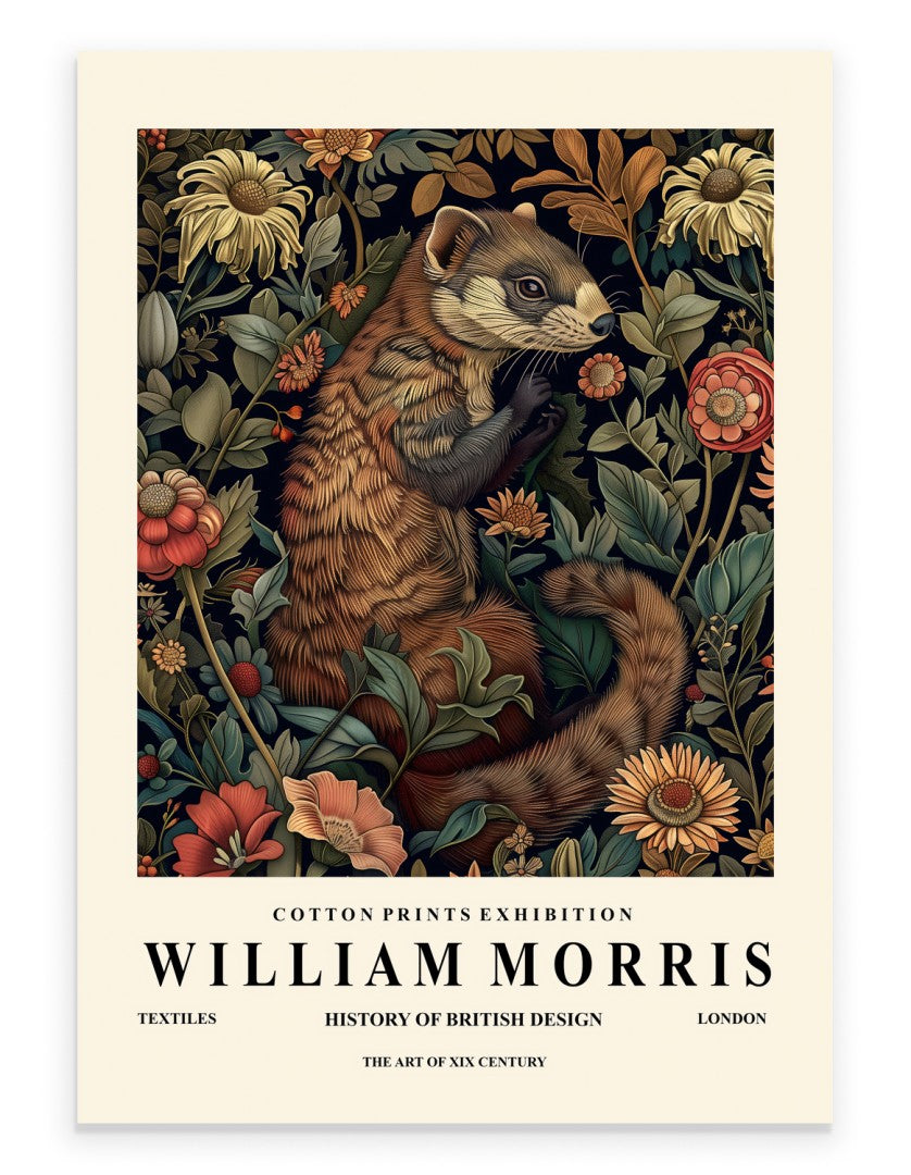 Ferret art print with botanical background in William Morris inspired style