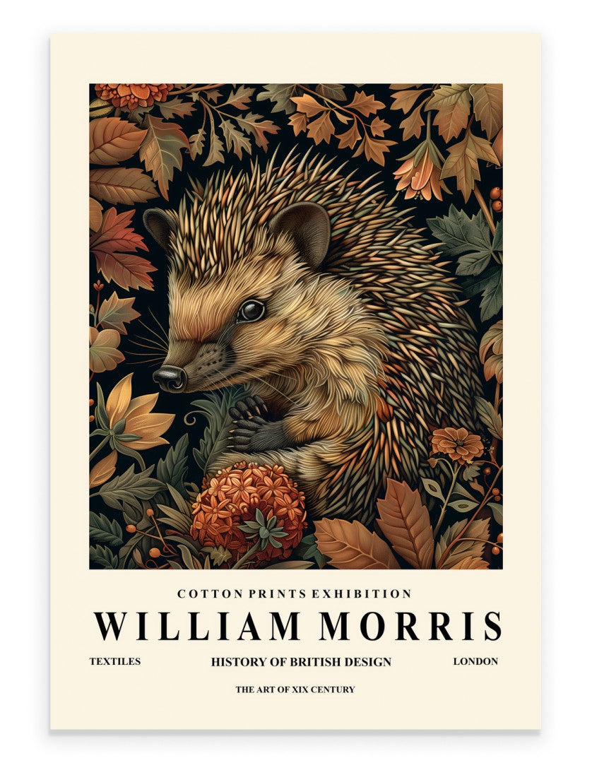 Hedgehog art print with botanical background in William Morris inspired style