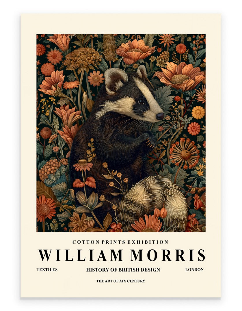 Badger art print with ornate botanical background in William Morris inspired style