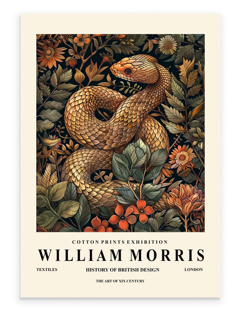 Snake art print with botanical background in William Morris inspired style