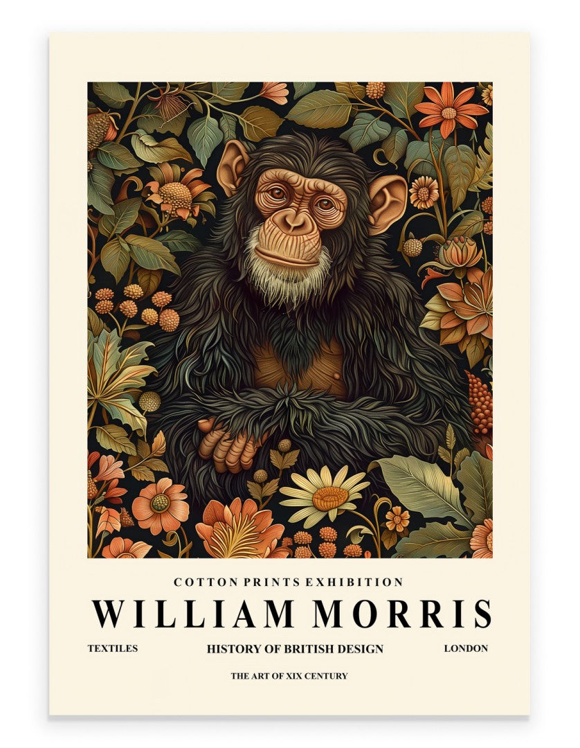 Chimpanzee art print with ornate botanical background in William Morris inspired style