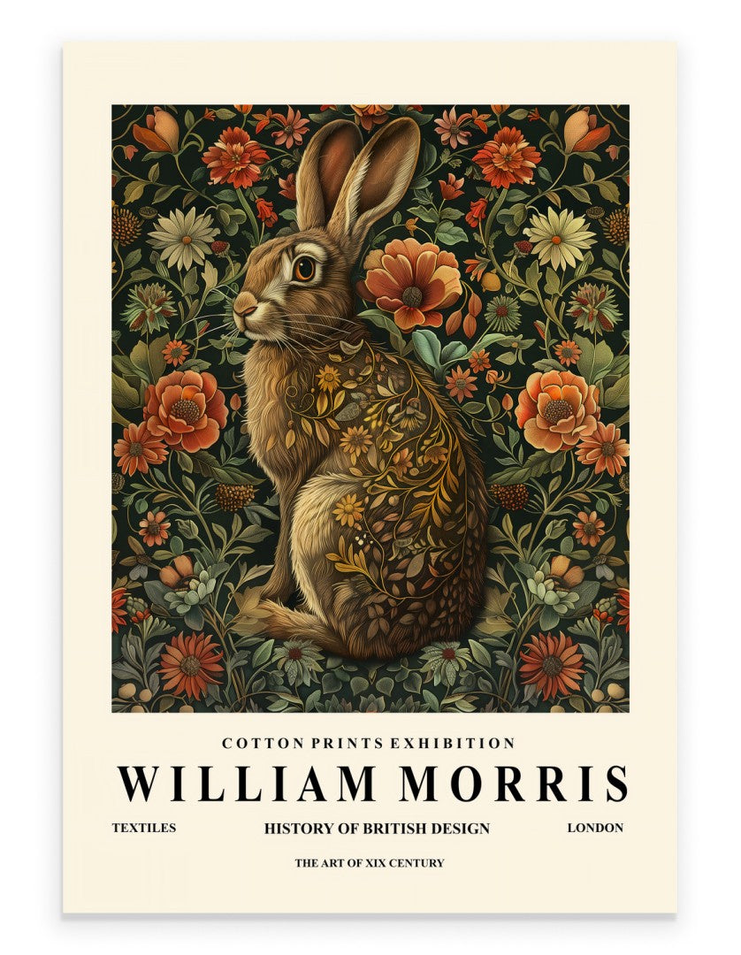 Hare art print with ornate botanical background in William Morris inspired style