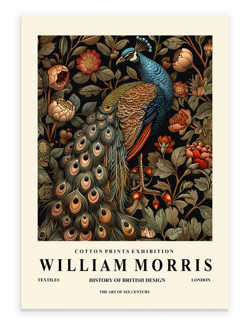 Peacock art print with ornate botanical background in William Morris inspired style