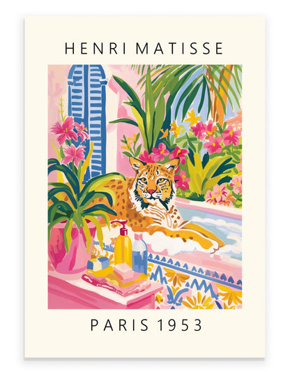 Playful lynx bathing scene in Henri Matisse inspired style with bold strokes, tropical leaves, and vibrant charm - colorful bathroom print for decor