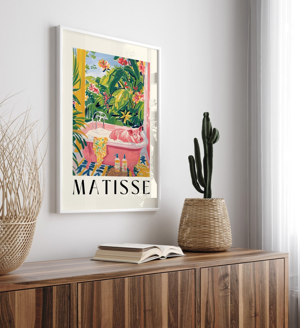 Framed vibrant pig bath wall art print in Henri Matisse inspired style with flowers, plants, and sunny outdoor view - decorative bathroom print for walls