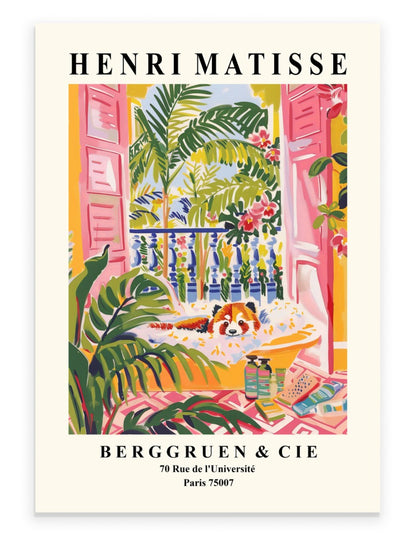 Red panda soaking in a bubble bath in a vivid Henri Matisse inspired tropical interior - colorful bathroom print for wall decor