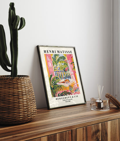 Framed Henri Matisse inspired art print of a red panda relaxing in a yellow bathtub with tropical leaves and flowers - bathroom wall art print for decor