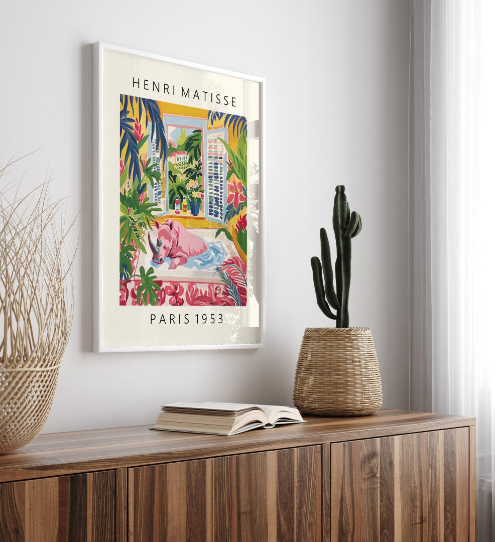 Framed colorful rhino bath wall art print in Henri Matisse inspired style with lush plants, flowers, and garden view - decorative bathroom print for wall decor