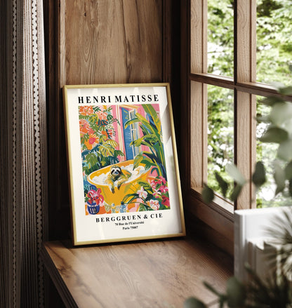 Framed Henri Matisse style sloth artwork print featuring a playful bath scene with vibrant plants and shutters - bathroom print for decor