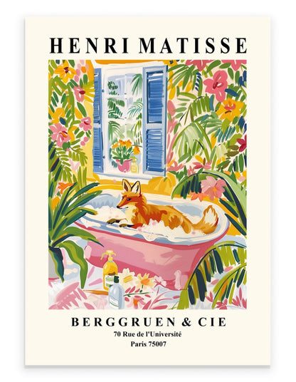 Fox enjoying a cozy bath surrounded by vivid plants and blossoms painted in Henri Matisse inspired style - colorful bathroom print for wall decor