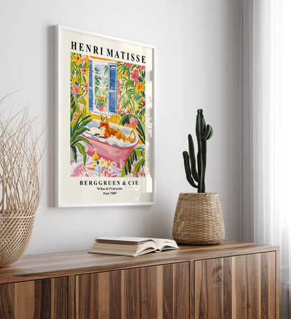 Framed whimsical fox bath artwork in Henri Matisse inspired style with greenery, flowers, and sunlight through a window - bathroom art print for wall decoration