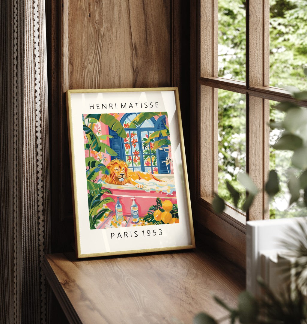 Framed Matisse style lion bathroom art print - vibrant jungle decor