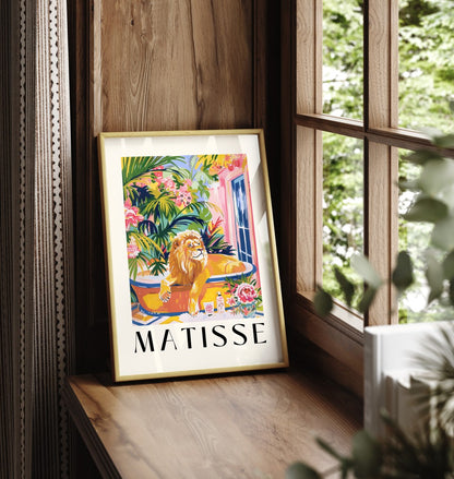 Framed jungle art print of lion in bath - colorful Matisse style wall decor