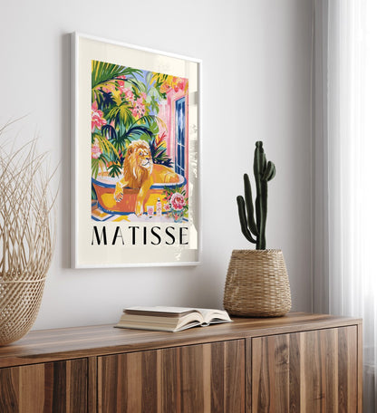 Framed lion bath illustration with floral accents - Henri Matisse inspired print