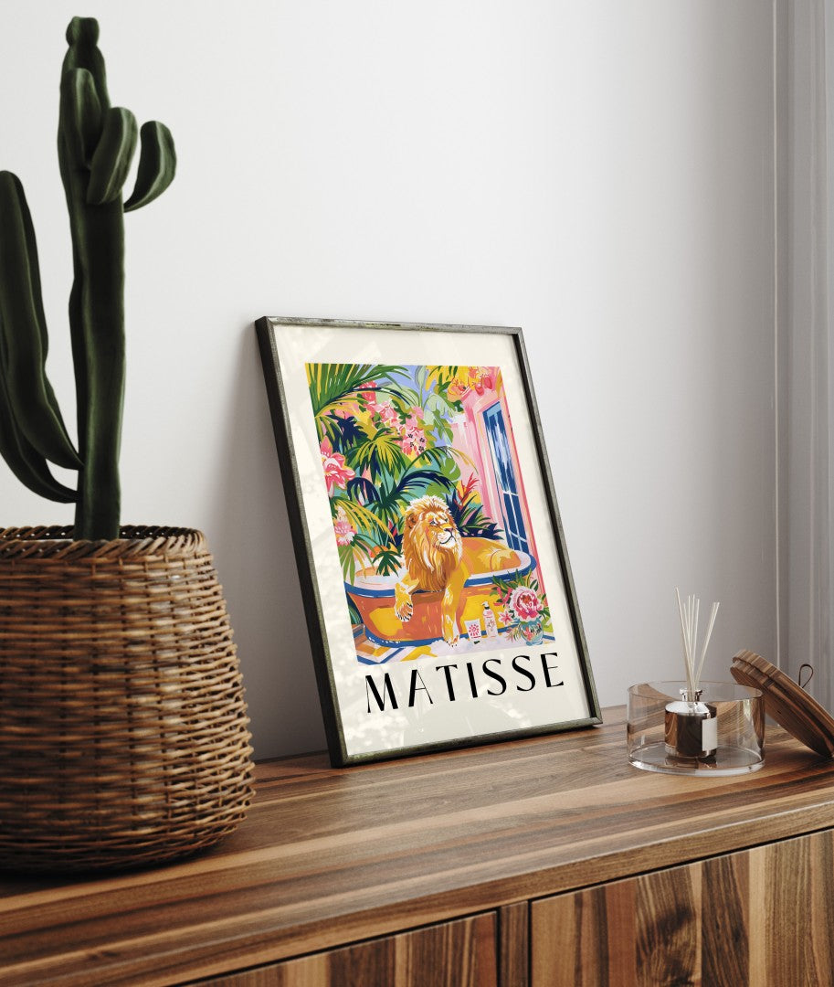Framed tropical lion soaking print - vibrant Matisse bathroom artwork