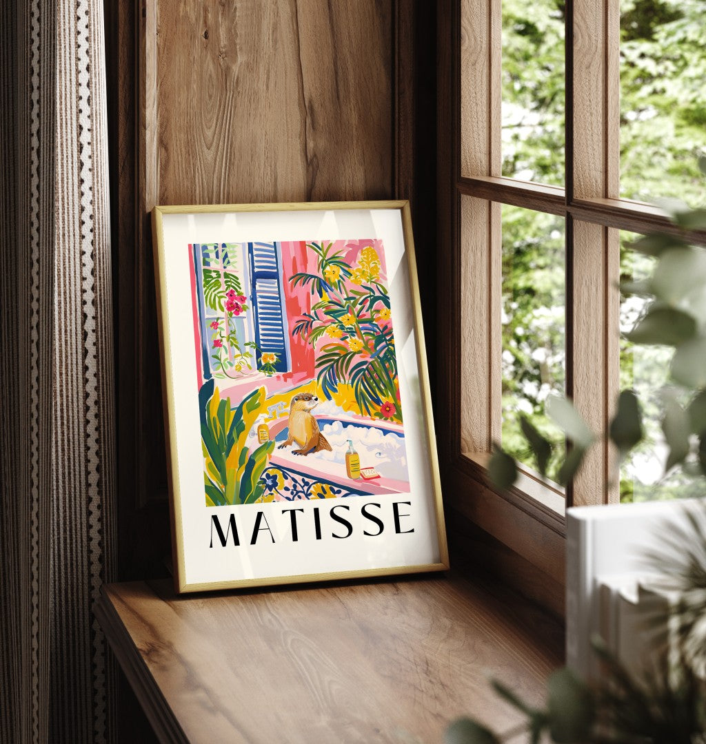 Framed tropical otter bath scene - vibrant Matisse style bathroom wall art