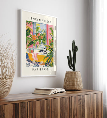 Framed Matisse style bathroom art print with a panda in a colorful, tropical setting.