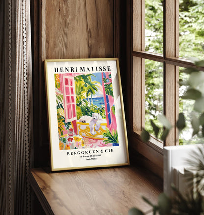 Framed art print of a polar bear in a lush Henri Matisse style bathroom with ocean view.