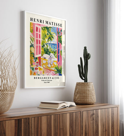 Framed art print showing a polar bear in a colorful Matisse inspired tropical bathroom by the sea.
