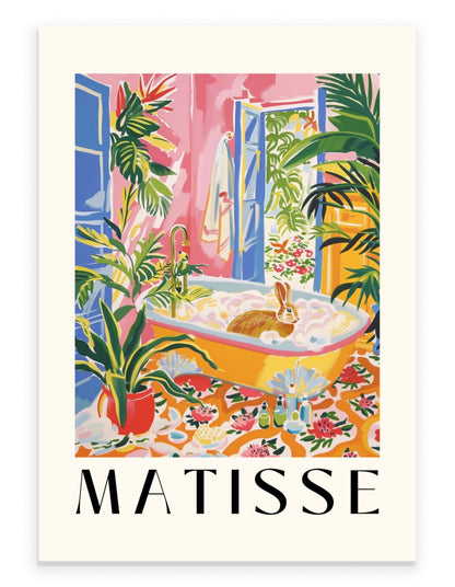 Matisse style art print of a rabbit soaking in a vibrant tropical bath scene.